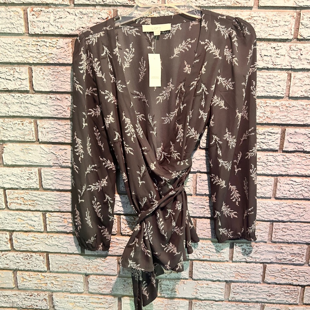 LOFT Women XS Black Botanical Print Long Sleeve Wrap Blouse Top NWT